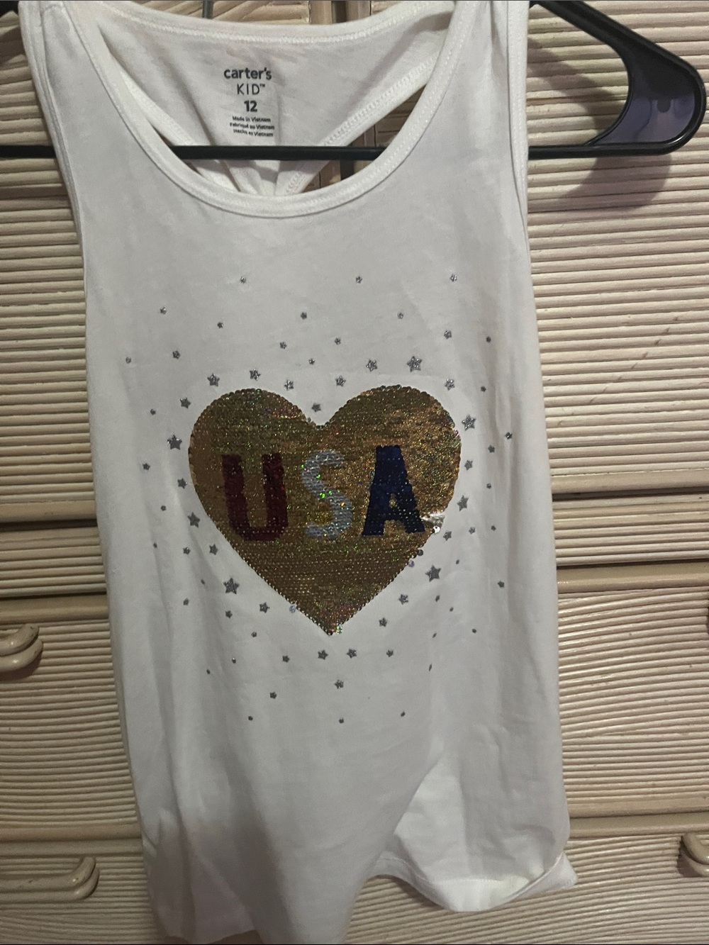 Carter's White Tank Top with Gold Sequin Heart and USA Letters